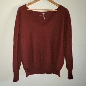 Free People Harmony Cashmere V Neck Pull Over Sweater Rust Orange Red Medium
